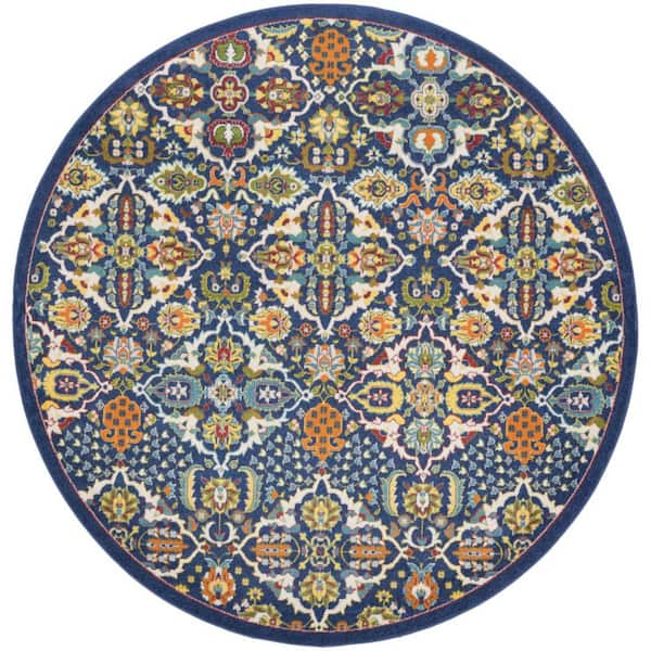 8 ft. Round Blue Floral Washable Area Rug