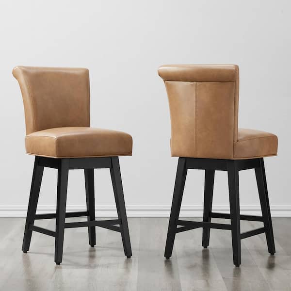 Spruce & Spring Dennis 26 in. Cognac Brown Solid Wood Frame Swivel Counter Height Bar Stool with Back and Faux Leather Seat (Set of 2)