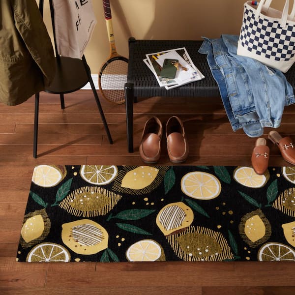 Luxe Livie Fresh Lemon Black 24 in. x 72 in. Machine Washable Runner Kitchen Mat