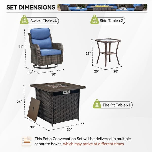 Luxury Brown Wicker Fire Pit Conversation Set with Olefin Blue Cushions and Patio Swivel Chairs/Side Tables (7-Piece)