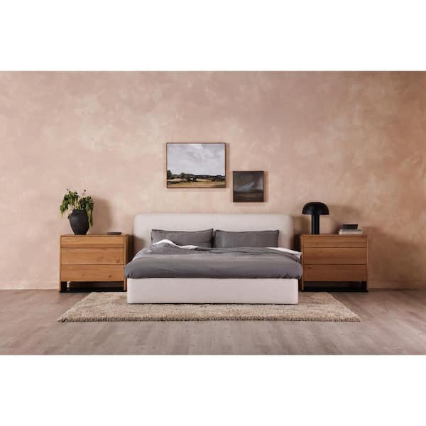 Fletcher Beige Solid Pine Frame King Platform Bed with Linen Blend Upholstery and Wood Slats