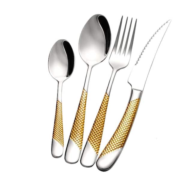16-Piece Modern Gold Hammered 18/10 Stainless Steel Silverware Flatware Set, Ultra Sharp Serrated Knives, Service for 4
