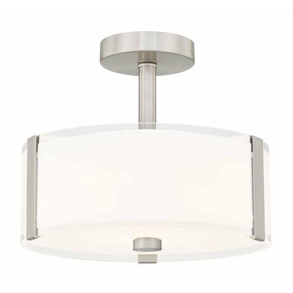 Edvivi 12.5 in. Brushed Nickel Drum LED Semi-Flush Mount Ceiling Light White Fabric Shade