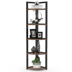 Charlie 59 in. Rustic Brown Wood and Black Metal Frame 5-Shelf Radial Corner Shelf Bookshelf Storage Rack Plant Stand