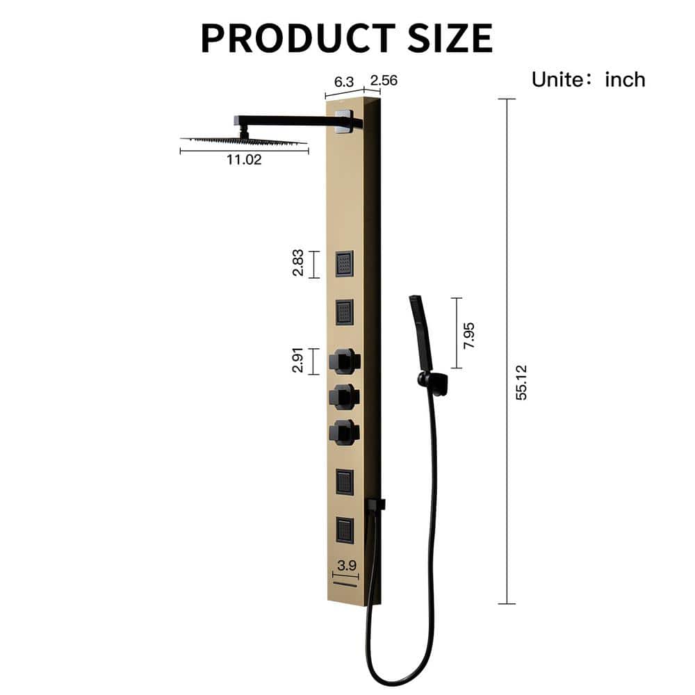 55'' Black and Gold Stainless Steel Shower Panel System