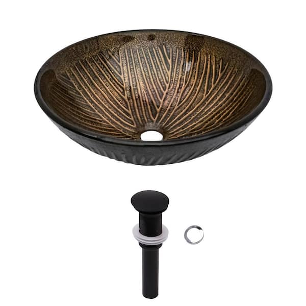 16-1/2 in. Oil Rubbed Bronze Glass Round Vessel Bathroom Sink with Black Pop-up Drain