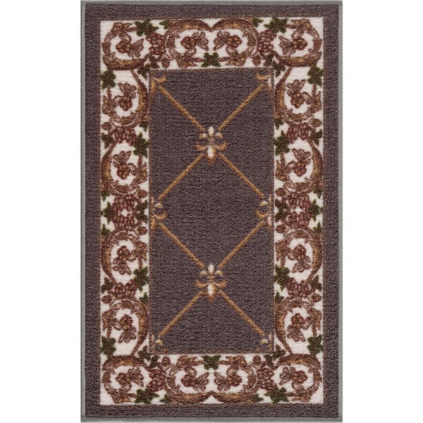 Carpet Mat Fleur De Lis Design Slip Resistant, D.Grey, 19.5 in. x 32 in.
