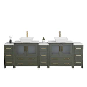 96 in. W Double Basin Vintage Green Bath Vanity with White Engineered Marble Top and Mirror