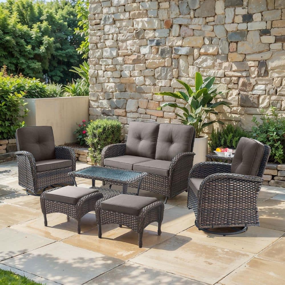 SleekArm 7-Piece Brown Wicker Patio Conversation Set with Olefin Gray Cushion/Glider Loveseat with Patio Swivel Chairs price history on PriceWatchPro