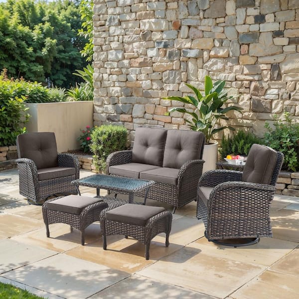 SleekArm 7-Piece Brown Wicker Patio Conversation Set with Olefin Gray Cushion/Glider Loveseat with Patio Swivel Chairs