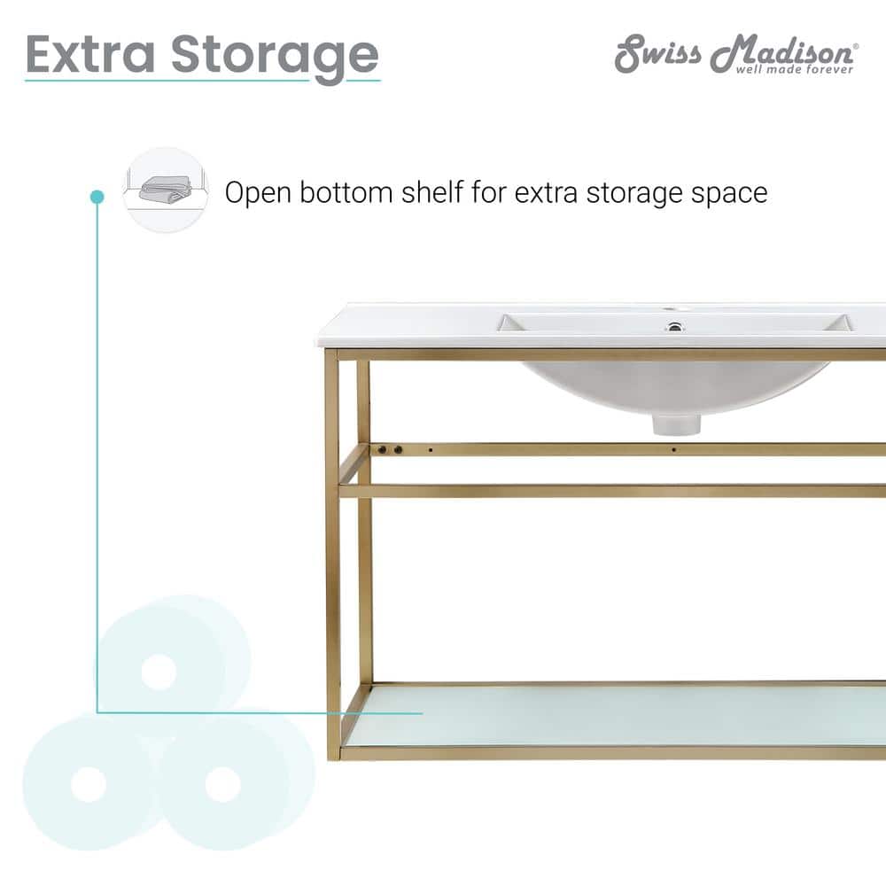 Pierre 36" Gold Stainless Steel Floating Bathroom Vanity with Glossy White Ceramic Sink