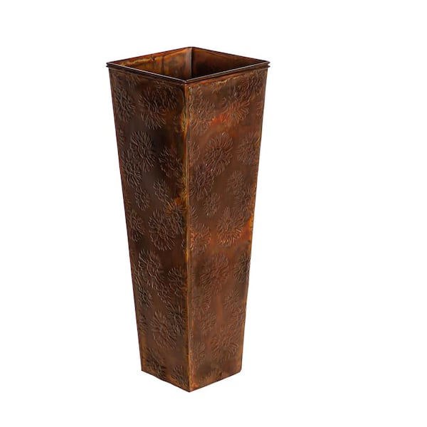 Evergreen 26 in. Burnt Copper Sunflowers Embossed Metal Front Door Planter