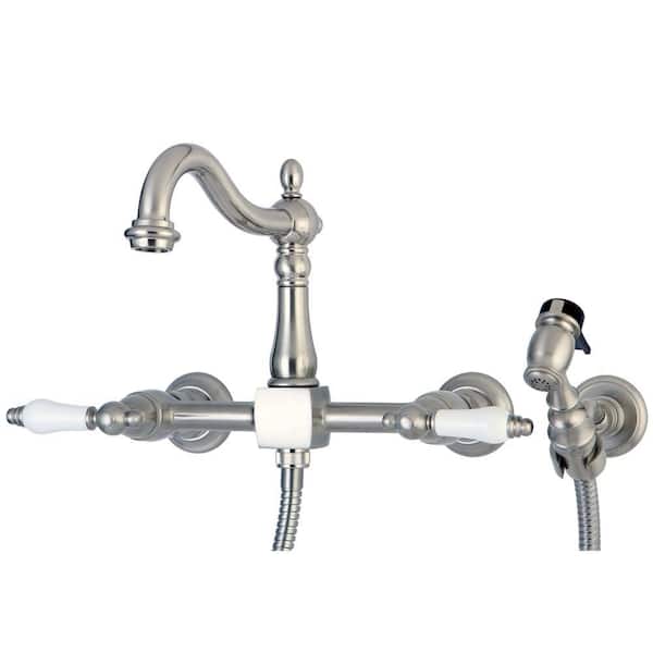 Kingston Brass Victorian 2-Handle Wall-Mount Side Sprayer Kitchen Faucet with Porcelain Lever Handles in Satin Nickel