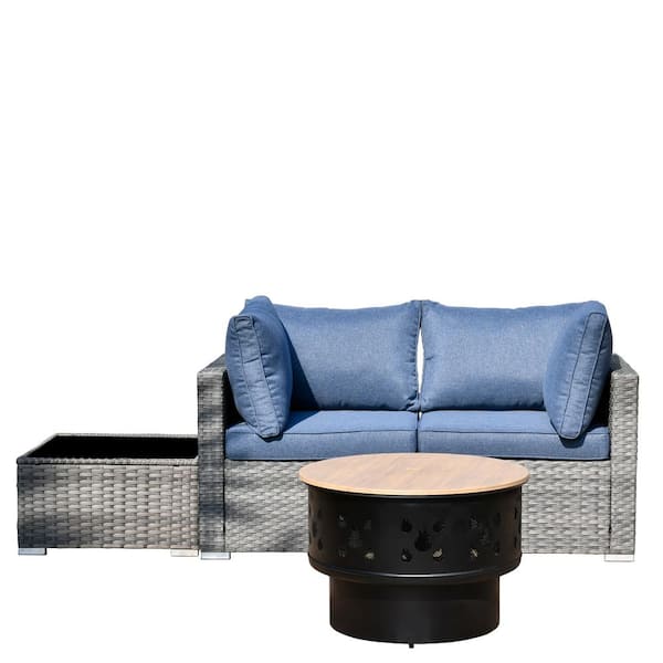 Sanibel Gray 4-Piece Wicker Outdoor Patio Conversation Sofa Set with a Wood-Burning Fire Pit and Denim Blue Cushions