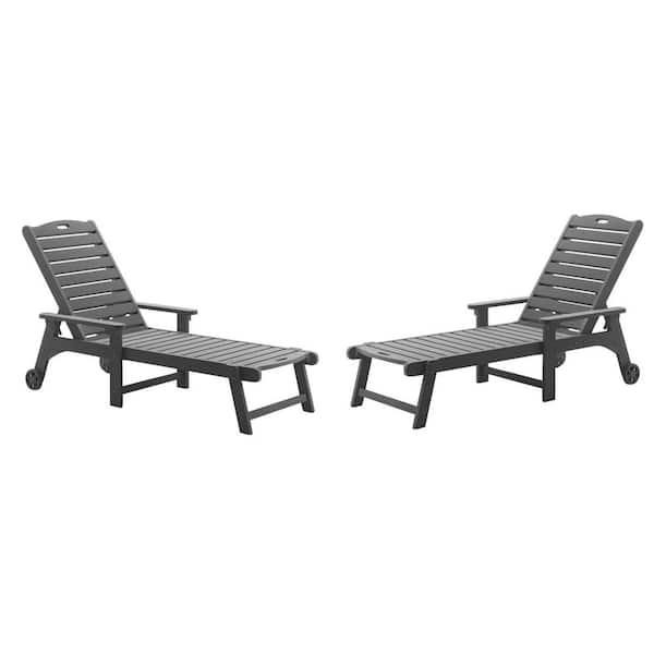 LUE BONA Helen Dark Gray Recycled Plastic Ply Outdoor Reclining Chaise Lounge Chairs with Wheels for Poolside Patio (Set of 2)