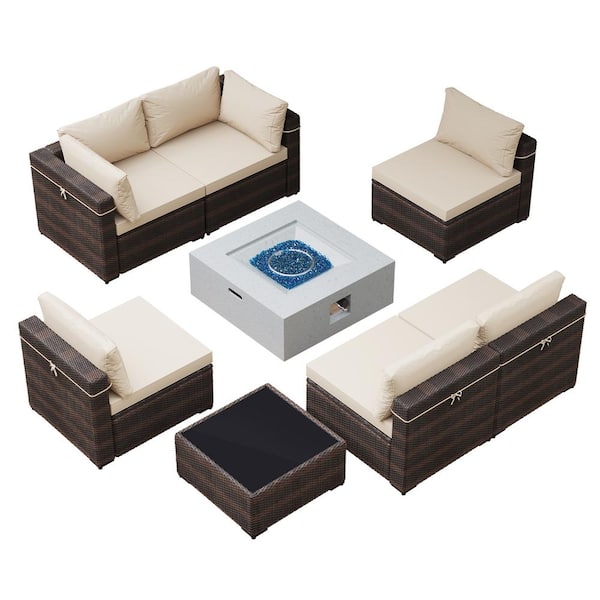 UPHA 8 Pieces Outdoor Fire Pit Patio Set with 28 in. Off-white Round Propane Fire Pit Table and Beige Cushions