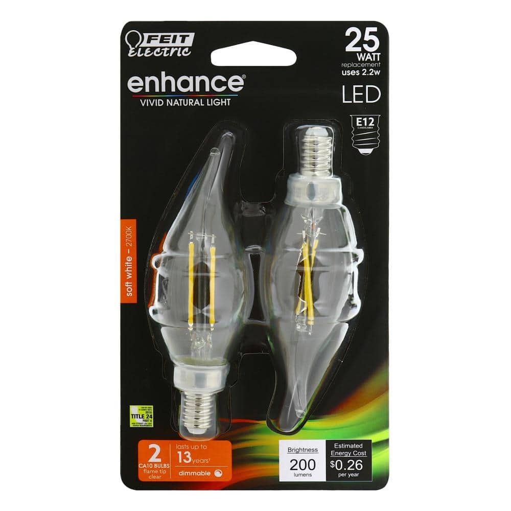 Feit Electric 25W Equivalent Clear Dimmable LED Candelabra Bulbs, 2-Pack