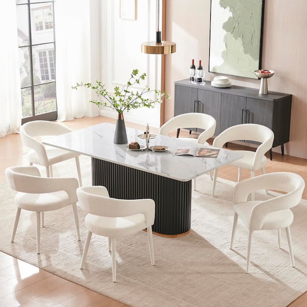 Luxury 7-Piece Faux Marble Rectangle Dining Table with White Boucle Chairs Metal Legs Dining Room Set for Kitchen
