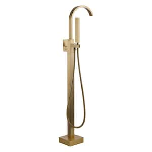 1-Handle Freestanding Floor Mount Tub Faucet Bathtub Filler with Diverter and Hand Shower in Gold