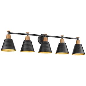 37.4 in. 5-Light Black Vanity Light with Hammered Metal Shade Gold Inside