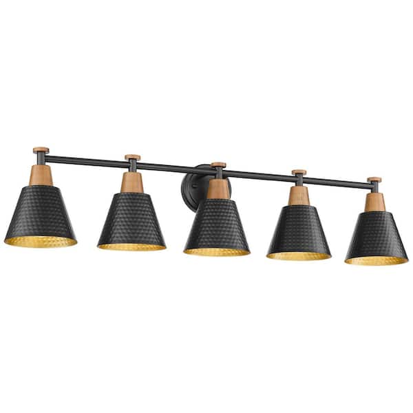 JAZAVA 37.4 in. 5-Light Black Vanity Light with Hammered Metal Shade Gold Inside
