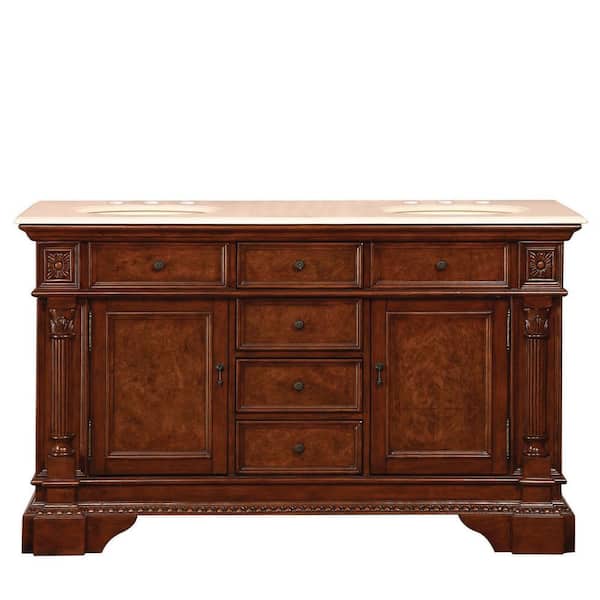 Silkroad Exclusive 60 in. W x 22 in. D Vanity in Red Mahogany with Marble Vanity Top in Crema Marfil with Ivory Basin