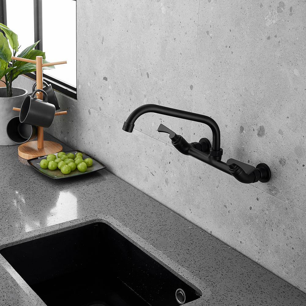 Matte Black Double-Handle Wall-Mount Kitchen Faucet