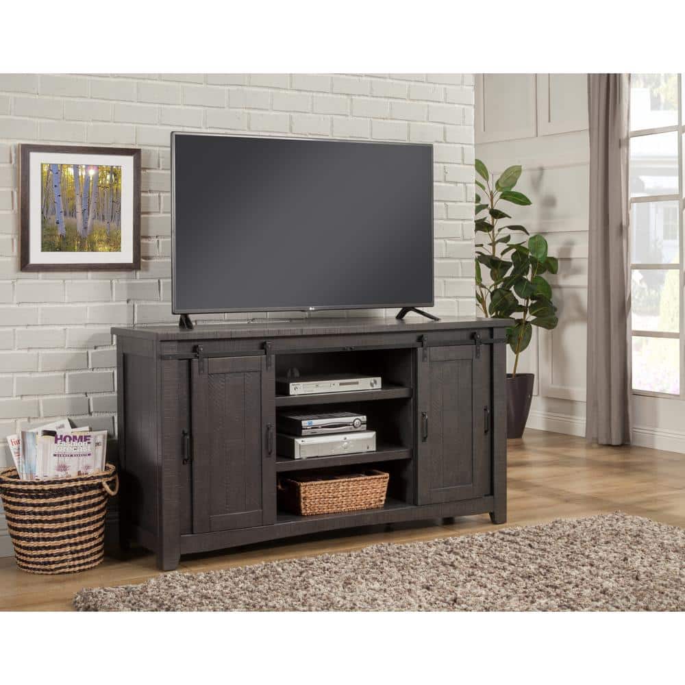 Rustic Sierra 65" Solid Pine TV Stand with Mesh Doors - Gray Finish