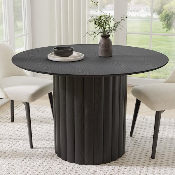 Lirago Round Black Wood 46 in. Column Base Dining Table Seats 4