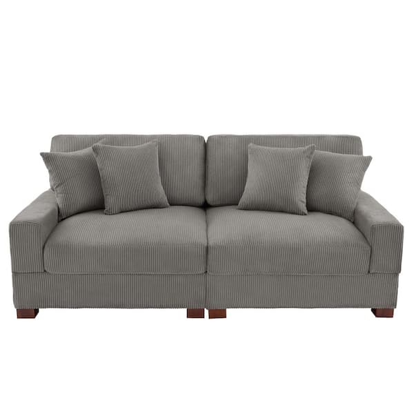 Uixe 83 in. Square Arm Light Gray Corduroy Fabric Upholstered Sectional 2-Seats Sofa with Four Pillows