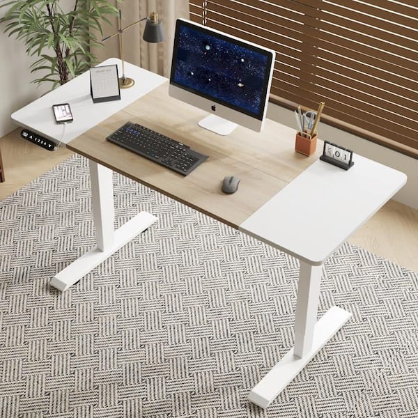 Oak White Computer Electric Standing Desk, Height Adjustable Desk for Office, 55 in. Lift-up Modern Luxiury Table