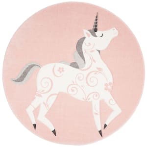 Carousel Kids Pink/Ivory 5 ft. x 5 ft. Animal Print Solid Color Round Area Rug