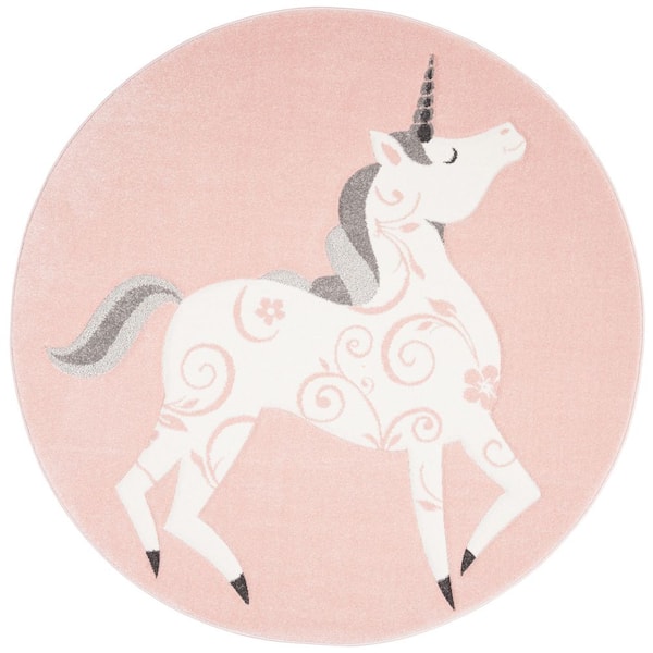 SAFAVIEH Carousel Kids Pink/Ivory 7 ft. x 7 ft. Animal Print Solid Color Round Area Rug