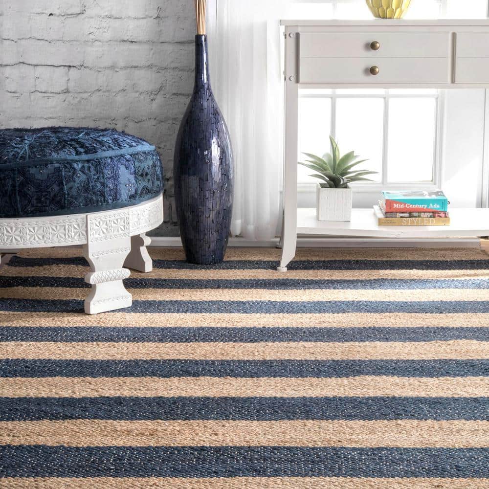 Denim and Tan Striped 4' x 6' Jute and Cotton Flatweave Rug