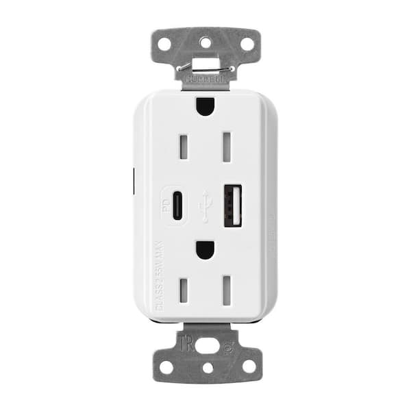 Claro 15 Amp Tamper Resistant USB Type A/C Duplex Receptacle, Decorator Style Outlet Gloss Finish, CAR-15-ACTR-WH, White