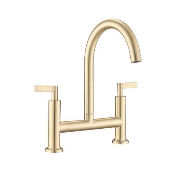 Lukvuzo Double Handle High-Arc Bridge Kitchen Faucet in Brushed Gold Stainless Steel Corrosion Resistant w/Bubbler Aerator