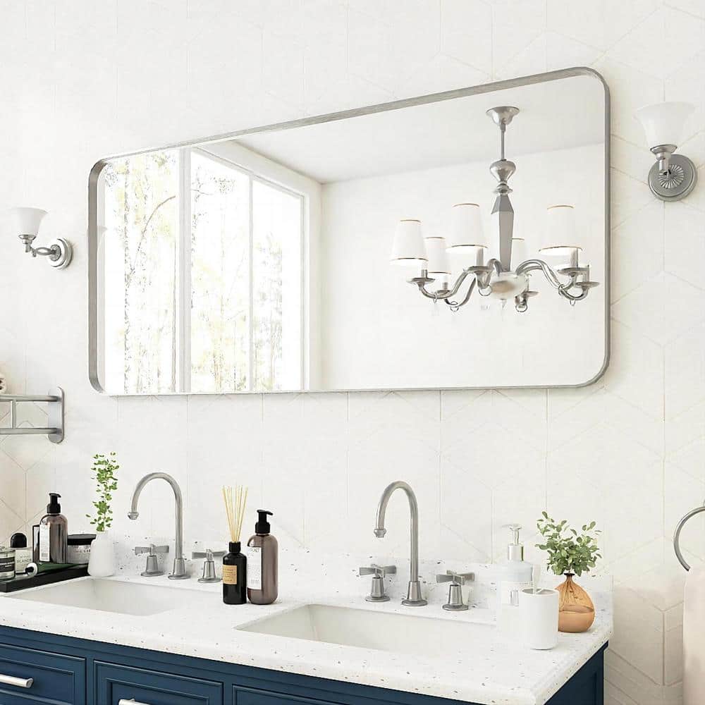 TOOLKISS 60 in. W x 28 in. H Rectangular Aluminum Framed Wall Bathroom Vanity Mirror in Silver ...