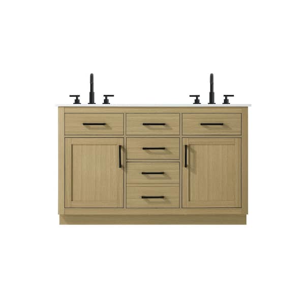 54 in. Double Sink Honey Brown Bath Vanity with White Engineered Marble Top