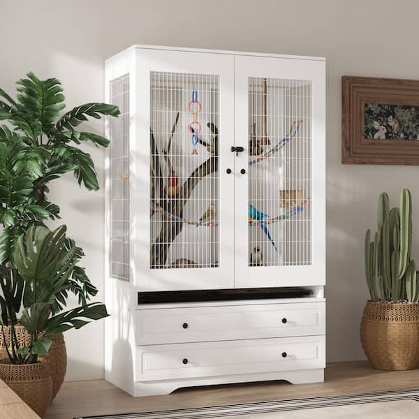 FUFU&GAGA Large Wooden Bird Cage Cabinet with 4-Side Wire Mesh