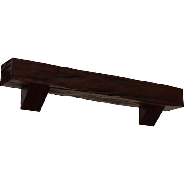 Ekena Millwork 4 in. x 4 in. x 4 ft. Riverwood Faux Wood Fireplace Mantel Kit, Breckinridge Corbels, Natural Pecan