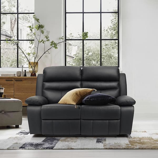 Edelia 64 in. W Black Leather Manual Double Reclining 2-Seater Loveseat