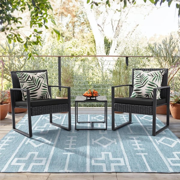 Unbranded Black 3-Piece Rattan Patio Conversation Set with Black Cushions with Coffee Table for Yard and Bistro
