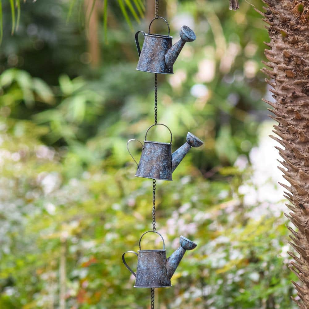 Antique Blue Metal Watering Can Rain Chain with Bell