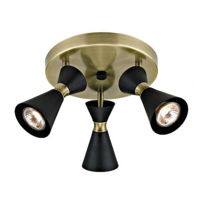 Ina 8.66 in. 3-Light Matte Black and Antique Brass Canopy Track Lighting Kit w/ 3 x 50-Watt GU10 Halogen Bulbs Included