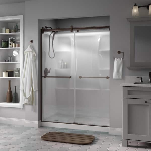 Delta Lyndall Contemporary 50-1/8 to 58-1/2 in. W in. x 71 in. H Frameless Sliding Shower Door, Bronze, Frosted Glass