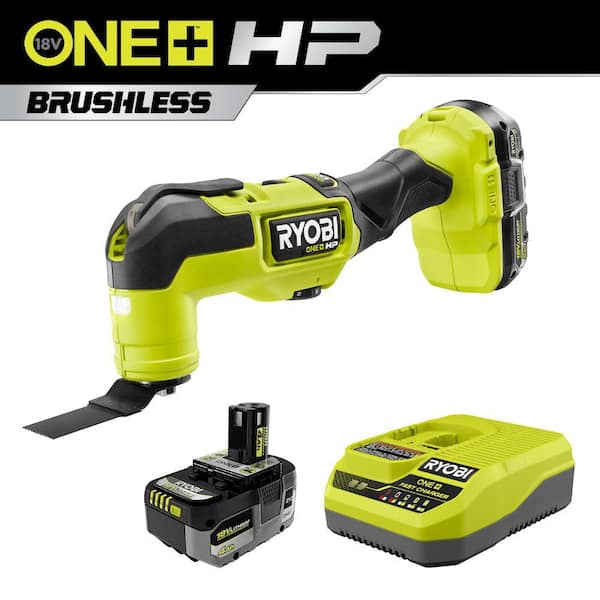RYOBI ONE+ HP 18V Brushless Oscillating Multi-Tool Kit w/ 2.0 Ah Battery, Charger, 4.0 Ah HIGH PERFORMANCE Battery, & Charger