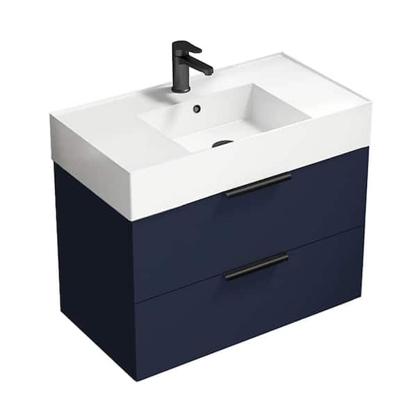 Nameeks Derin 31.89 in. W x 17.32 in. D x 25.2 in. H Modern Wall Mounted Bathroom Vanity in Night Blue with White Ceramic Top