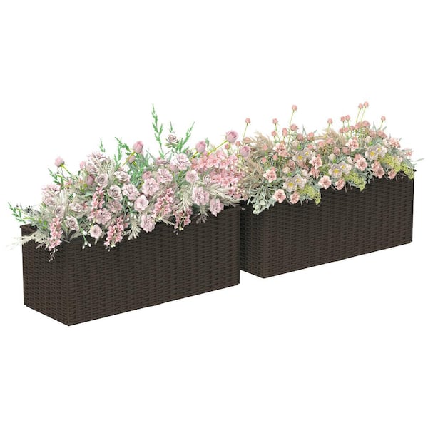 Outsunny Metal Raised Planter Box, Set of 2, Self-Watering Hanging Flower Pots for Fence, Garden, Rattan Look, Brown
