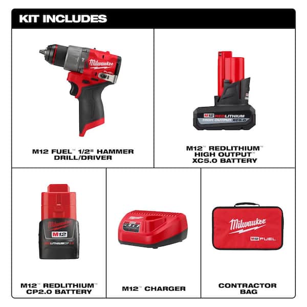 M12 FUEL 12-Volt Li-Ion Brushless Cordless 1/2 in. Hammer Drill Kit w 2.0Ah Battery, High Output 5.0Ah Battery & Charger