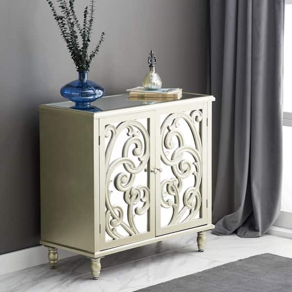 Litton Lane Gold Wood Intricately Carved 1 Shelf and 2 Doors Scroll Cabinet with Mirrored Front
